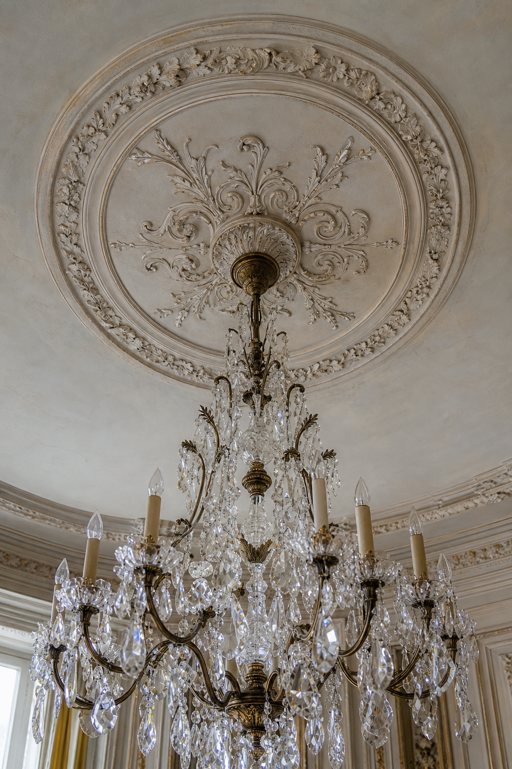 Rosace de plafond ornementale avec lustre